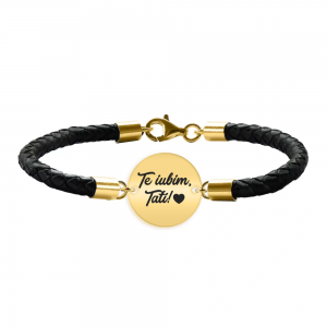 Bratara argint banut 16 mm si piele impletita - personalizata cu text - placat cu aur galben de 24 karate